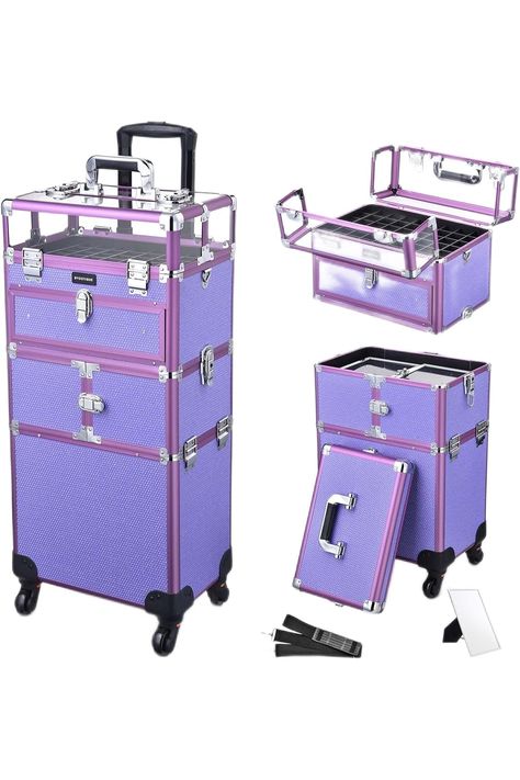 BYOOTIQUE 2in1 Nail Polish Organizer Rolling Makeup Train Case Manicure Cosmetic Trolley Travel Organizer Nail Case with Clear Lid Extendable Trays 4 removable wheels 54 Slots (Purple) Makeup Beginner, Outfit Large, Professional Makeup Case, Chic Vanity, Rolling Makeup Case, Nail Polish Holder, Makeup Case Organization, Nail Polish Organizer, Makeup Train Case