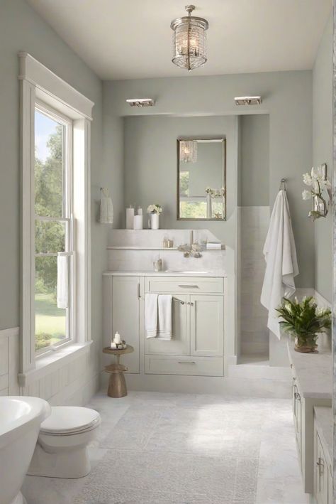 Step into your modern cozy bathroom retreat and immerse yourself in earthy elegance with the rich tones of Sycamore Grove (BM 2147-30). Discover how this luxurious shade can transform your space. #Ad #homedecor #homedesign #bathroom #Painthome interiorarchitecture best Wall Colors for Bathroom Colors Bright Room Colors best colors combinations bathroom bathroom Remodeling Modern Paint Colors 2024 Sw Anew Gray, Calming Bathroom Colors, Green Bathroom Paint, Paint Colors 2024, Bright Room Colors, Small Bathroom Paint Colors, Bathroom Wall Colors, Best Wall Colors, Small Bathroom Paint