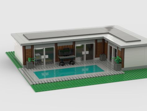 This is a modern-style pool house. It is a single story modern house, with a big garden and a huge pool. Let's start outside in the garden. It comes ... Lego House Ideas Easy Modern, Lego House Layout, Modern Lego House, Lego Modern House, Lego Pool, Single Story Modern House, Huge Pool, Lego Fortnite, Lego House Ideas