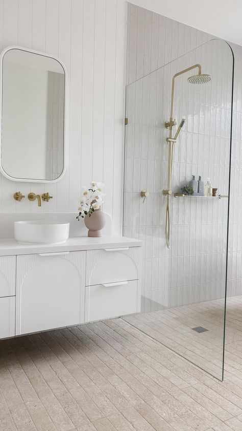 All Posts • Instagram Cozy Washroom, Brass Tapware Bathroom, Brushed Brass Tapware, Hampton Style House, Brass Tapware, Queenslander Renovation, Powder Room Lighting, Second Bathroom, Ensuite Design