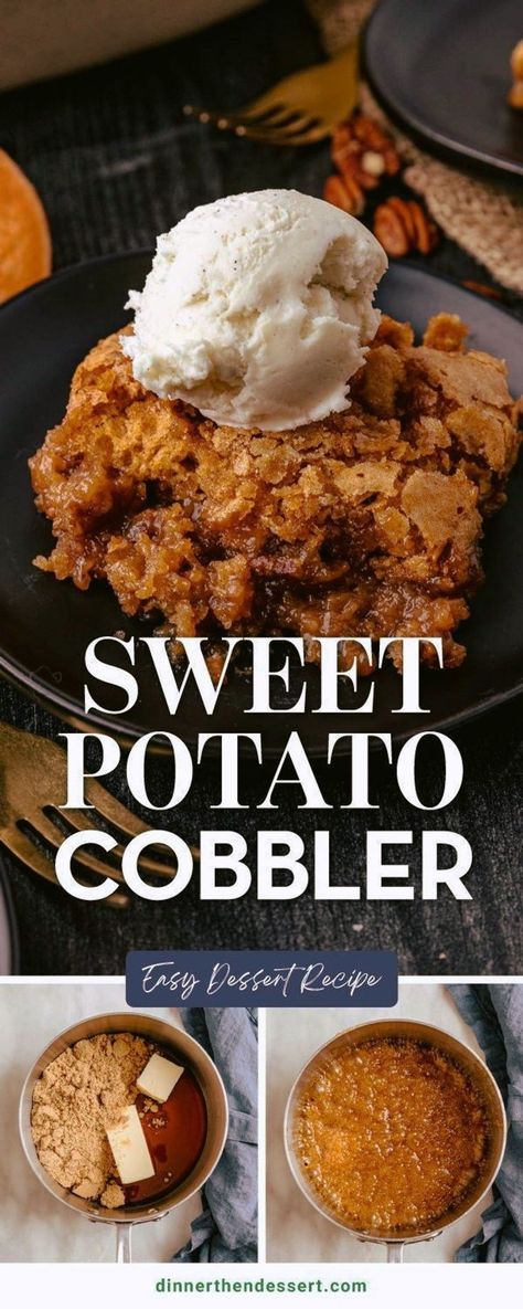 Sweet Potato Cobbler is an easy fall cobbler recipe made with sweet potato puree, pecans, pumpkin pie spices, brown sugar, and butter. Move over Sweet Potato Pie, this old fashioned Sweet Potato Pie Cobbler is about to be your new favorite Thanksgiving dessert. Sweet Potato Custard Pie, Sweet Potato Baked Goods, Fall Cobbler, Sweet Potato Cobbler, Sweet Potato Dessert Recipes, Sweet Potato Cake Recipe, Easy Sweet Potato Recipes, Sweet Potato Puree, Sweet Potato Dessert