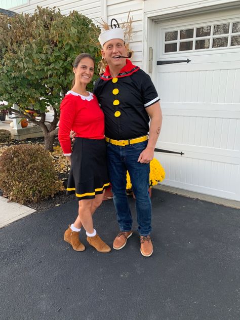 DIY costume of Popeye and Olive Oil Olive And Popeye Costume Couple, Olive And Popeye Costume, Olive Oil Popeye Costume, Popeye And Olive Oyl Costume Diy, Popeyes And Olive Costume, Pop Eye And Olive Oil Costume Diy, Popeye Olive Costume, Diy Popeye Costume, Olive Oil Costume Diy