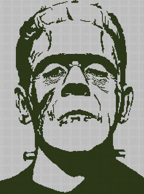 Frankenstein Cross Stitch Pattern, Frankenstein Cross Stitch, Frankenstein Face, Face Silhouette, Digital Computer, Minecraft Pixel Art, A Pattern, Frankenstein, Simple Patterns