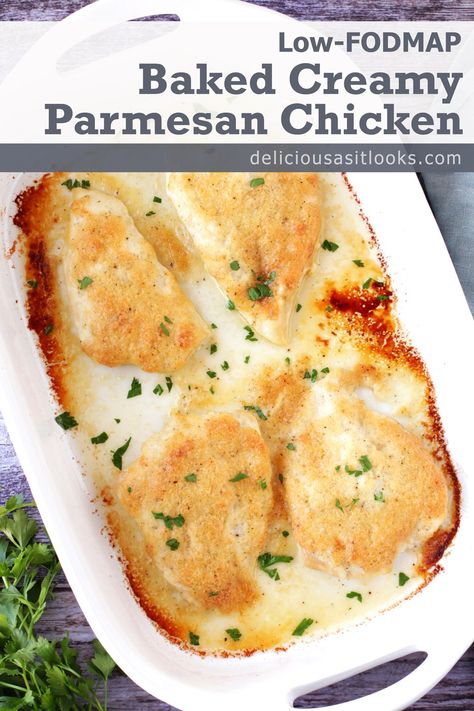 Low FODMAP Creamy Parmesan Chicken - Delicious as it Looks Chicken Dinner Bake, Low Fodmap Chicken Recipes, Low Food Map Diet, Food Map Diet, Fodmap Chicken Recipes, Fodmap Chicken, Fodmap Recipes Dinner, Creamy Parmesan Chicken, Low Fodmap Chicken