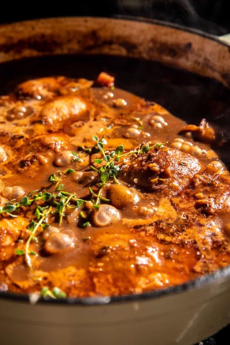 One Hour One Pot Coq au Vin | halfbakedharvest.com Bougie Dinner Recipe, Fall Dinner Recipes Chicken, Big Pot Meals, Fancy Recipes Dinner, Halfbakedharvest Recipes, Rooster Recipes, Dutch Oven Meals, Clay Pot Recipes, Best Dutch Oven Recipes