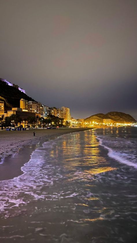 Spain At Night Aesthetic, Spain Aesthetics Alicante, Spain Aesthetics Night, Spain Vacation Aesthetic, Spain Wallpaper Aesthetic, Barcelona Spain Aesthetic Night, Spain Beach Aesthetic, Alicante Spain Aesthetic, City Beach Aesthetic