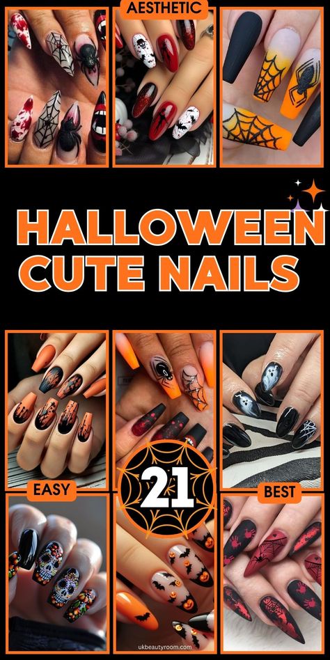 21 Cute Halloween Nails Ideas: From Short and Simple to Spooky Acrylic Designs Fall Gel Nails Halloween, Nail Art Designs October, Square Acrylic Halloween Nails, Glam Halloween Acrylic Nails, Halloween Design Nails Acrylic, Patchwork Nails Halloween, Square Halloween Nail Designs, Medium Length Halloween Acrylic Nails, Halloween Nail Art Square