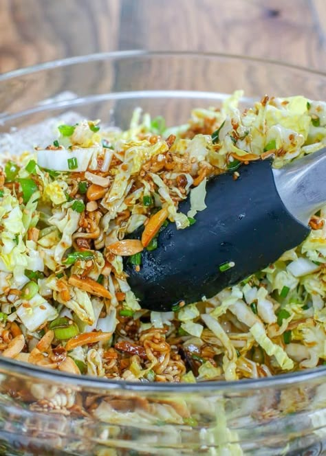 Ramen Noodle Salad is crunchy, sweet, tangy, and unforgettable! get the recipe at barefeetinthekitchen.com Crunchy Ramen Noodle Salad Easy, Chinese Noodle Salad Recipes, Crunchy Ramen Noodle Salad Recipes Asian Coleslaw, Crunchy Asian Salad Recipe, Ramen Salad Recipes Asian Slaw, Recipes Using Roman Noodles, Roman Noodle Salad Recipes, Chinese Ramen Salad, Summer Side Dishes Dessert