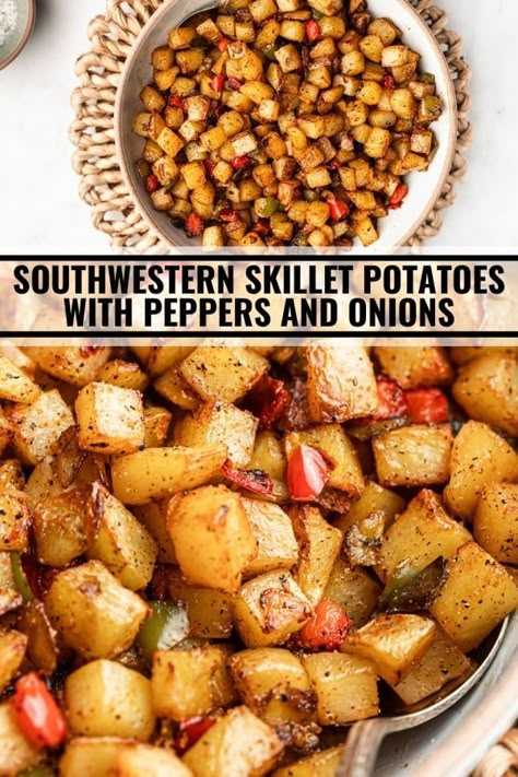 Southwestern Skillet Potatoes with Peppers and Onions - The Whole Cook Breakfast Potatoes With Bell Peppers, Breakfast Potatoes With Peppers And Onions, Roasted Potatoes And Bell Peppers, Potatoes Bell Peppers Onions, Fried Potatoes And Onions And Peppers, Potato Peppers Onions, Bell Pepper And Potato Recipes, Skillet Red Potatoes, Potato And Peppers Recipes