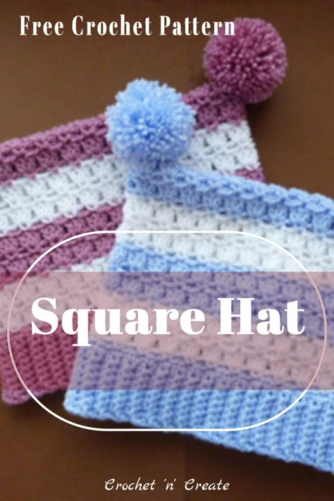 Adult square hat with pom-poms, find the free crochet pattern on crochetncreate Double Pom Crochet Hat Pattern, Crochet Double Pom Pom Hat Free Pattern, Double Pompom Crochet Hat, Crochet Hat With Two Pom Poms, Crochet Animal Mittens, Double Pom Pom Beanie Crochet, Crochet Hats With Flowers, Crochet Square Hat, Square Hats