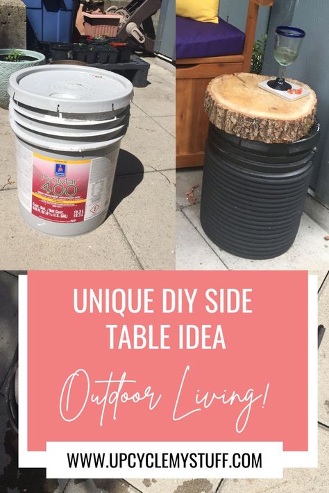 This project used junk from a garage clearout to make a unique outdoor table for a patio or deck. An old paint tub, a broken garden house and a few other bits of junk went into making this fun end table - perfect for any back garden or balcony. DIY Garden Furniture | Outdoor Table Ideas | Upcycling Diy Outdoor Side Table Ideas, Diy Patio Side Table, Outdoor Table Ideas, Balcony Diy, Recycled Planters, Recycled Garden Decor, Ikea Side Table, Side Table Makeover, Diy Side Table