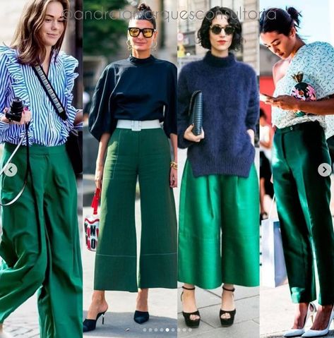 Smart Casual Green Outfit, Ice Blue Top Outfit, Green Gaucho Pants Outfit, Green Wide Leg Crop Pants Outfit, Bottle Green Trousers Outfit, Green Cullotes Outfit Casual, Forest Green Trousers Outfit, Bright Green Wide Leg Pants Outfit, Emerald Green Pants Outfit Color Combos