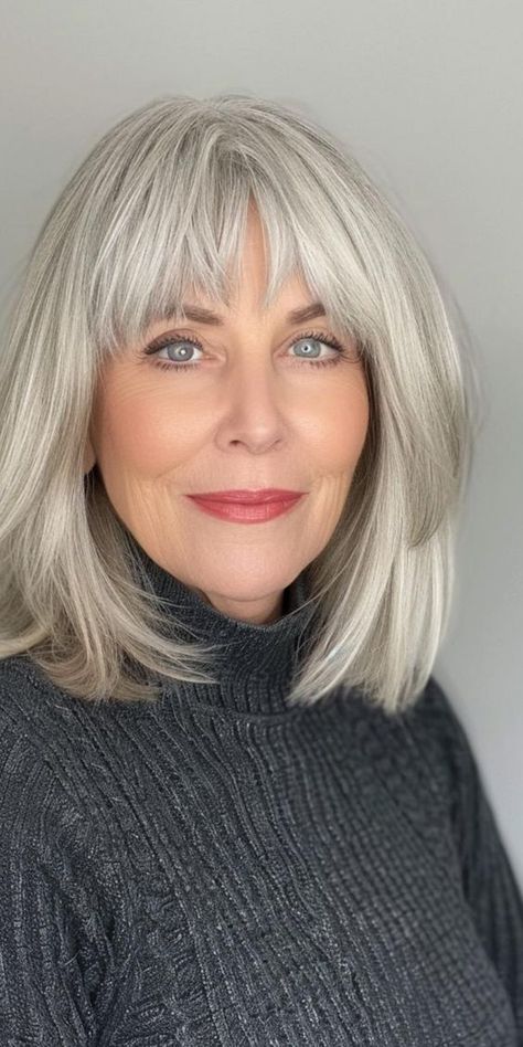 Side Bangs For Long Hair, Bangs For Long Hair, Bangs For Older Women, Best Bangs, Bobs For Round Faces, Grey Hair With Bangs, Gray Hairstyles, Haircut 2024, Lady Hair