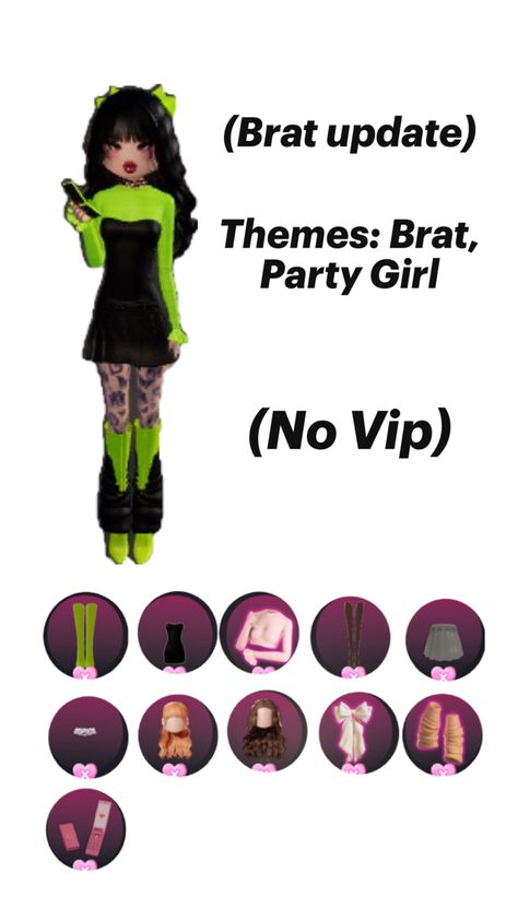 Brat update dress to impress, themes: Brat, Party Girl Kawaii Diy Crafts, Kawaii Diy, Charli Xcx, Party Girl, Themed Outfits, Girls Party Dress, Party Girls, Clothes Ideas, My Posts