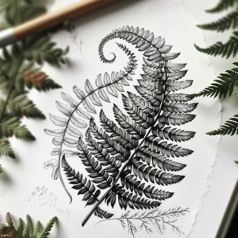 Fern Tattoo Design Pack Womans Fine Line Tattoo, Fern Tattoo On Shoulder, Flower Fern Tattoo, Snake Garden Tattoo, Realistic Fern Tattoo, Fern Tattoo On Back, Bells Of Ireland Tattoo, Fern Leaf Tattoo Design, Nature Themed Leg Sleeve Tattoo