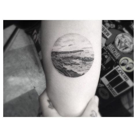 Tattoo Sea Landscape Dr Woo Tattoo, Circular Tattoo, Dr Woo, Sea Tattoo, Circle Tattoo, Circle Tattoos, Landscape Tattoo, Ocean Tattoos, Palm Tree Tattoo