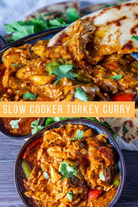 Slow Cooker Turkey Curry - Slow Cooker Turkey Curry has a delicious sweetly spiced sauce. It's the perfect way to use up leftover turkey from Christmas or Thanksgiving! Family Slow Cooker Recipes, Curry Turkey Recipes, Slow Cooker Turkey Recipes, Slow Cooker Leftover Turkey Recipes, Slow Cooker Christmas Dinner, Turkey Slow Cooker Recipes, Turkey Curry Recipes, Crockpot Indian Recipes, Pulled Turkey Recipes