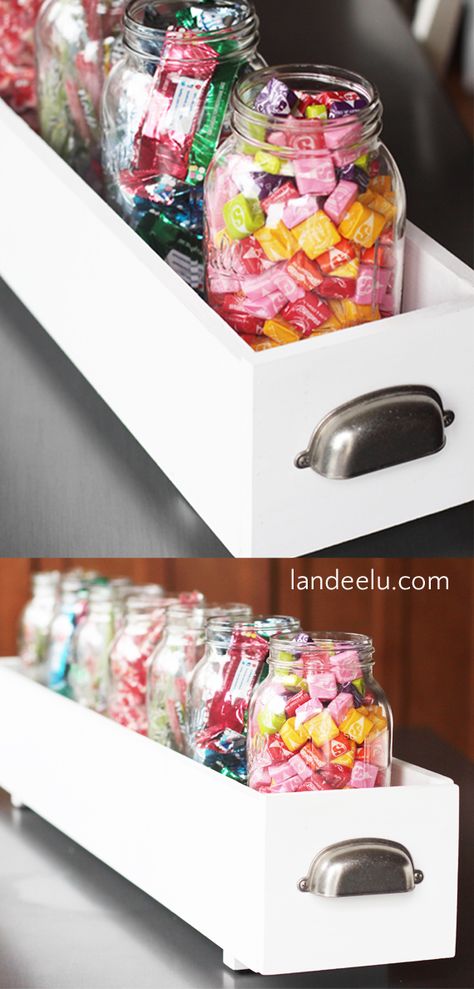 Build a simple box to hold mason jars and create a darling candy bar for any occasion!  Do it Yourself Project Tutorial to build your own CANDY BAR! Diy Candy Bar, Kitchen Needs, Party Bar, Candy Table, Favorite Candy, Diy Candy, Kids Wood, Do It Yourself Projects, Apartment Kitchen