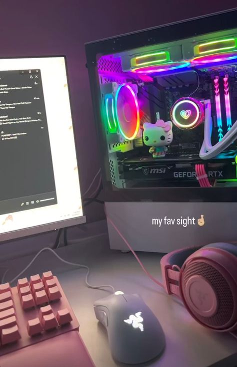 Cute | Kawaii | gamergirl | gamer | girl | pink | pastel | PC | Hello Kitty | Sanrio| white| lights | colorful | pretty | build | setup | case | white | rgb | funkopop | pc idea | white razor | keyboard | Razor Hello Kitty Pc Setup, Hello Kitty Gaming Setup, Pc Setup Pink And Black, Pink Razer Setup, Cute Pc Build, Cute Pink Gamer Setup, Sanrio Gaming Setup, Setup Gamer Girl, Razor Keyboard