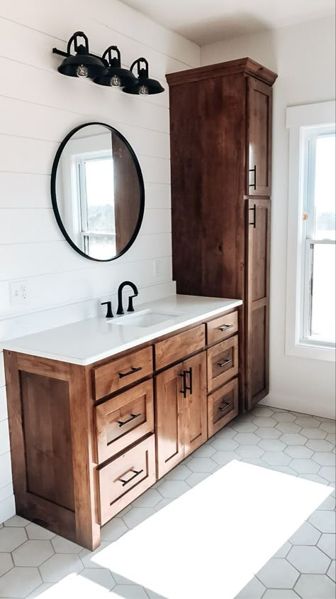 Main Bathroom Remodel Farmhouse, Master Bath Opposite Wall Vanities, Grey Stained Wood Cabinets Bathroom Vanities, Bathroom Vanity With Linen Closet, Modern Farmhouse Bathroom Master, Wood Laundry Cabinets, Bathroom Flooring Ideas Not Tile, Farmhouse Bathroom Wood Vanity, Single Sink Bathroom Vanity Ideas Farmhouse