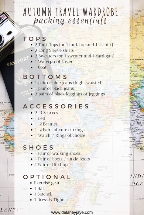 AUTUMN TRAVEL PACKING LIST || THE MINIMALIST CAPSULE WARDROBE • Delaney Jaye || Expat, Lifestyle, and Resources. Cabin Packing List Winter, Fall Europe Trip Packing, Fall Trip Packing List, Autumn Travel Wardrobe, Packing List For Fall Vacation, Capsule Wardrobe Backpacking, Fall Travel Packing List, One Week Packing List Fall, 10 Day Packing List Fall