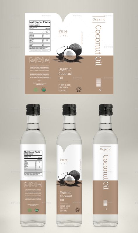 Avocado Oil, Coconut Oil & Almond Oil Label Preview - GraphicRiver Oil Packaging Design Bottle, Food Bottle Packaging Design, Cold Pressed Oil Packaging, Creative Bottle Label Design, Coconut Oil Bottle Label Design, Food Product Label Design Ideas, Coconut Label Design, Organic Oil Packaging, Olive Label Design