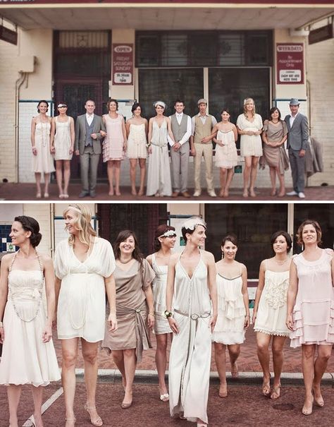 Wedding color palette + années 20 Mismatched Wedding, Hair Pearls, Neutral Wedding Inspiration, 1920s Wedding Theme, Mismatched Dresses, Style Année 20, Gatsby Wedding Theme, Neutral Bridesmaid Dresses, Vintage Wedding Party