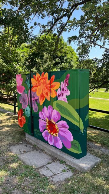 Emilie Darlington | Muralist on Instagram: "Some more peaceful moments painting Pollinator Power for @intheglebe 🐝 #mural #muralpainting #muralpaintings #muralist #ottawamurals" Downtown Mural Ideas, Floral Mural Painting, Outdoor Mural Ideas, Gym Mural, Exterior Murals, White Sharpie, Creative Wall Design, Dreamy Space, Mural Inspiration