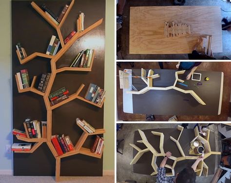 Make Your Very Own DIY Tree Bookshelf Using Plywood Tree Shaped Bookshelf Diy, Tree Bookcase Diy, Diy Bookshelf Easy Cheap, Diy Tree Bookshelf, Tree Bookshelf Diy, Plywood Bookcase, Minimalist Bookshelves, Tree Bookcase, Simple Bookshelf