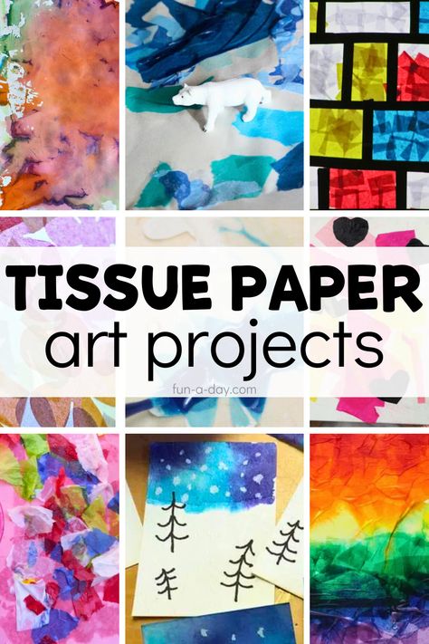 Experiment with various ways to use tissue paper with this list of tissue paper art projects for preschool, pre-k, and kindergarten kids. There are ideas on this list to fit a variety of themes. Click on the Fun-A-Day.com link for more information. Kindergarten Tissue Paper Art, Tissue Paper Collage Art Ideas, Tissue Paper Texture Art, Tissue Paper Art Projects, Tissue Paper Art For Kids, Crafts With Tissue Paper, Tissue Paper Crafts For Kids, Tissue Paper Painting, Diy For Beginners