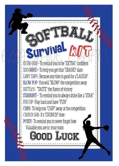 "This listing is for a CUSTOMIZED version of our Softball \"Survival Kit\" Gift Labels. Great for those softball tournaments, camps, competition gifts, or just a gift for that special player in your life.   Once you checkout we will begin working on your file. Once completed we will email that to you. You can then print as many times as you would like.  This listing is for our customized version Choose your specific wording Add a team name And we can customize to match your team colors.    There Softball Survival Kit, Softball Goodie Bags, Softball Treats, Competition Gifts, Softball Team Gifts, Softball Party, Softball Tournaments, Softball Crafts, Survival Kit Gifts