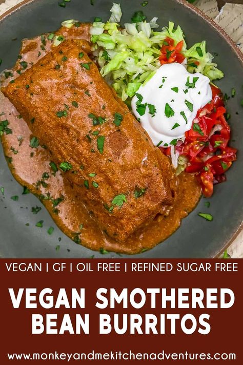 Vegan Burritos Recipe, Plant Based Burritos, Vegan Wet Burrito, Bean Burrito Recipe Vegan, Vegan Smothered Burrito, Vegan Bean Burrito, Seasoned Beans, Black Bean Burrito Vegan, Vegan Mushroom Burrito