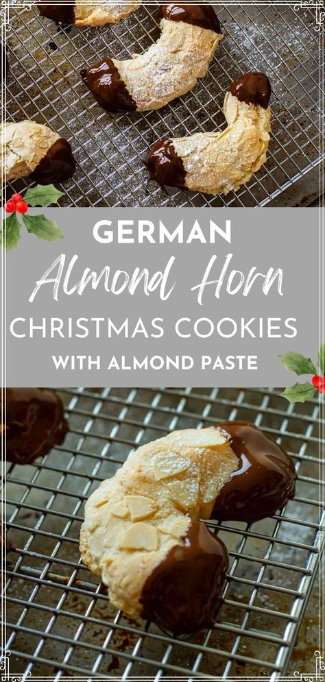 German Almond Horn Cookies are a traditional German nut pastry or Christmas Cookie that is quick and easy to make at home using simple ingredients. Soft and chewy on the inside, crispy on the outside, and dipped into melted dark chocolate Almond Horn Cookies, Horn Cookies, Marzipan Cookies, Almond Paste Cookies, Traditional German Christmas, German Christmas Traditions, German Pastries, Festive Aesthetic, Linzer Cookies Recipe