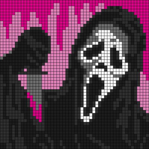 Alpha pattern #119721 variation #275738 | BraceletBook Ghost Face Crochet Tapestry, Jason Crochet Pattern, Crochet Ghost Face Pattern Free, Halloween Crochet Grid Patterns, Character Alpha Pattern, Horror Movie Alpha Patterns, Crochet Ghostface Pattern Free, Scream Alpha Pattern, Scream Crochet Grid