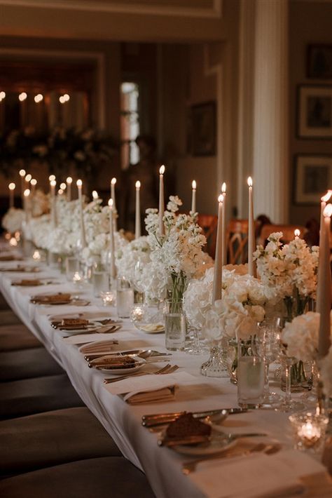 White Hydrangea Tablescape, Wedding Table Setting With Candles, Wedding Dinner Candles, Formal Dinner Table Setting Decor, Elegant Wedding Tablescapes, White Flowers And Candles Centerpieces, Long Dinner Table Decor, All White Floral Centerpieces, Wedding Reception Rectangle Tables