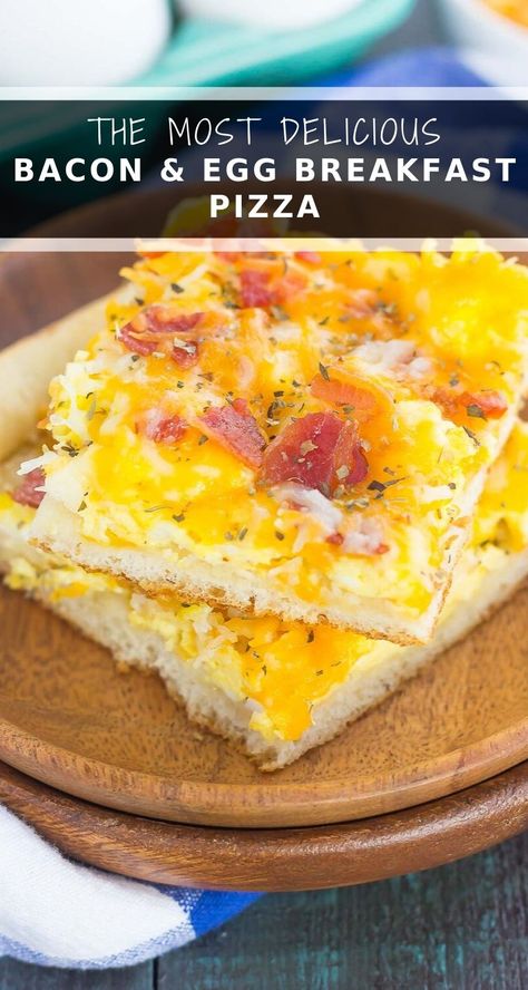 Bacon and Egg Breakfast Pizza is filled with scrambled eggs, two kinds of cheese, and bacon, all sprinkled on top of a crisp crust. With just a few ingredients and minimal prep time, this breakfast pizza will be a meal time winner for breakfast, lunch, or even dinner! #pizza #breakfastpizza #bacon #baconpizza #eggs #eggpizza #breakfast #easybreakfast Egg Pizza Breakfast, Bacon Eggs Breakfast, Bacon Pizza, Breakfast Pizza Recipe, Bacon Egg And Cheese, Superfood Recipes, Bacon Egg, Breakfast Pizza, Breakfast Bars