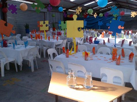 Puzzle Party Theme Puzzle Piece Classroom Theme, Puzzle Piece Centerpieces, Puzzle Theme Party Decorations, Puzzle Party Decorations, Puzzle Piece Decorations, Puzzle Themed Birthday Party, Puzzle Piece Adoption Party Ideas, Puzzle Piece Centerpiece Ideas, Puzzle Centerpiece Ideas