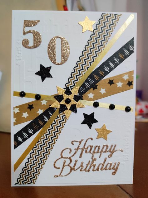 60th Cards For Men, Golden Birthday Cards Diy, Postcard Ideas, Designer Paper Cards, 80th Birthday Cards, 60th Birthday Cards, Fabric Postcards, 50th Birthday Cards, Golden Birthday