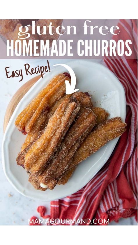 Gluten Free Churros are easy to make with this simple step-by-step recipe. Soft, airy cinnamon sugar sticks are filled with chocolate, jelly, or cream! Or save yourself a step and serve homemade… More Gf Churros Recipe, Gluten Free Cruffins, Stuffed Churros Recipe, Gluten Free Churros Recipe, Stuffed Churros, Paleo Donuts, Filled Churros, Gluten Free Churros, Easy Churros Recipe