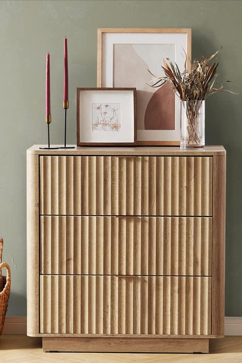 Dimension: 31.5 (W) x 15.6 (D) inches x 32.2 (H) Neutral Chest Of Drawers, Bedroom Mid Century Modern, Fluted Side Table, Bedroom Mid Century, Tall Nightstand, Fluted Panel, Bedroom Tv Stand, Mid Century Modern Credenza, Minimalist Coastal