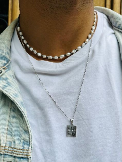 Two different Mens Necklaces that are made from materials that create a Luxury Set. The first necklace is made from Freshwater Pearls and Gray Hematite Beads, and the second one is a Rectangular Christian Charm that is passed through a Chain that is made from Sterling Silver 925. You can wear them together or separately as well. Find them only at Christina Christi Store. Pendant Necklace Outfit, Pearl Necklace Outfit, Mens Pearl Necklace, Mens Necklace Fashion, Pearl Necklace Men, Men Necklaces, Necklaces Men, Mens Necklaces, Boys Necklace