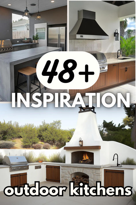 A collage of four outdoor kitchen designs featuring modern elements. The top left showcases a sleek concrete countertop with bar stools, an outdoor grill, and large stainless steel appliances. The top right displays a stylish outdoor kitchen with wooden cabinetry and a distinctive hood above the grill. The bottom left includes a rustic setup with stone features and a cozy fireplace, while the bottom right highlights another structured kitchen with a grill and contemporary aesthetics Outdoor Oven And Grill, Bbq Guys Outdoor Kitchen, Outdoor Kitchen Layout Ideas, Outside Bbq Area, Outdoor Kitchen Backsplash Ideas, Built In Outdoor Kitchen, Mini Outdoor Kitchen, Outdoor Kitchen With Pizza Oven, Outdoor Cooking Fireplace