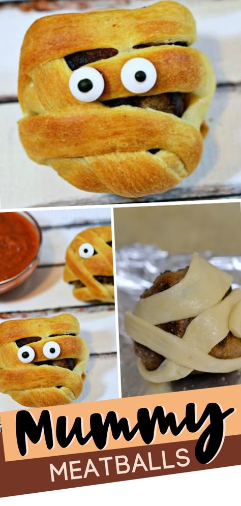 A spooky Halloween party food! These Mummy Meatballs are the perfect Halloween food idea for adults and kids! Have a fun and tasty dinner with this Halloween Food Recipe! Mummy Meatballs, Halloween Food Mummy, Kids Appetizers, Halloween Appetizers For Adults, Halloween Food For Adults, Halloween Appetizers Easy, Kids Halloween Food, Halloween Party Food, Kids Dinner