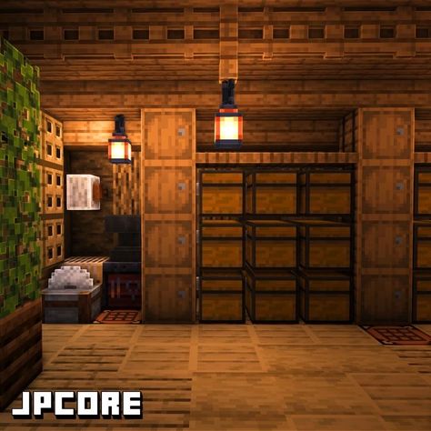 Crafting Room Ideas Minecraft, Minecraft Villager Room Ideas, Intirear Design Minecraft, Mc Storage Room Ideas, Armor Stand Display Minecraft, Minecraft Survival Room Ideas, Storage Hut Minecraft, Minecraft Storage Interior, Cute Minecraft Basement Ideas