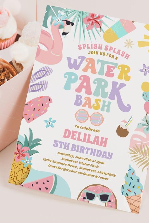 Tropical Water Park Summer Birthday Party Invitation Water Park Party, Summer Birthday Party Invitations, Summer Birthday Invitations, Park Party, Tropical Water, Pool Birthday, Summer Birthday Party, Pool Birthday Party, Summer Birthday