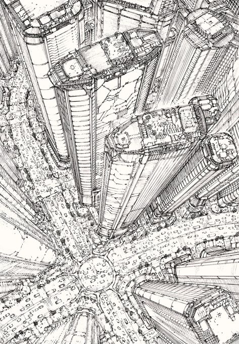 Sci Fi City Drawing, How To Draw City, How To Draw Buildings, Akira Miyagawa, Manga Perspective, Manga Backgrounds, Sketch Comic Art, Perspective Sketch, Andermatt