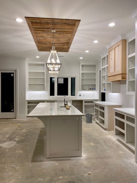 Kitchen Island Drop Ceiling, Wood Ceiling Above Kitchen Island, Tray Ceiling Above Kitchen Island, Tray Ceiling Over Kitchen Island, Angled Kitchen Ceiling, Kitchen Roof Seeling, Ceiling Above Kitchen Island, Hacienda Kitchen Decor, Kitchen Ceiling Ideas