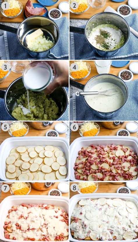 How to make scalloped potatoes and ham in a creamy sauce, baked in the oven. Easy, old-fashioned, homemade, cheesy casserole recipe perfect for a crowd! #scallopedpotatoes #scallopedpotatoesandham #ham #potatoes #potatorecipes #sidedish #dinnerideas #casserole #comfortfood #leftoverham Scalloped Potatoes And Ham For A Crowd, Old Fashioned Scalloped Potatoes And Ham, Scalloped Potatoes And Ham Oven, Scallop Potatoes And Ham, Easy Scalloped Potatoes And Ham, Scalloped Potatoes Ham, Ham Dinner Sides, Ham And Scalloped Potatoes, Scalloped Potatoes With Ham