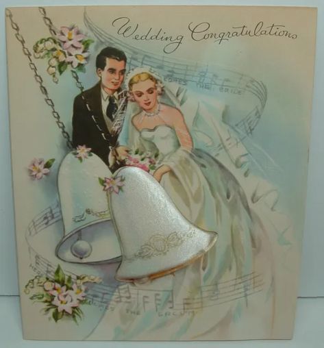 Padded Satin Wedding Bell, Bride & Groom - 1950's Vintage Wedding Greeting Card Wedding Bells Clip Art, Wishing Well Wedding, American Greetings Cards, Vintage Wedding Cards, Wedding Greetings, Wedding Congratulations, Wedding Greeting Cards, Wedding Anniversary Cards, American Greetings