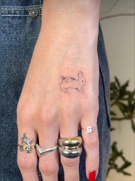 Bunny Jumping Tattoo, 1.5 Inch Tattoo Ideas, Rabbit Fine Line Tattoo, Bunny Hand Tattoo, Jumping Bunny Tattoo, Bunny Tattoo Cute, Small Rabbit Tattoo, Tiny Bunny Tattoo, Little Bunny Tattoo